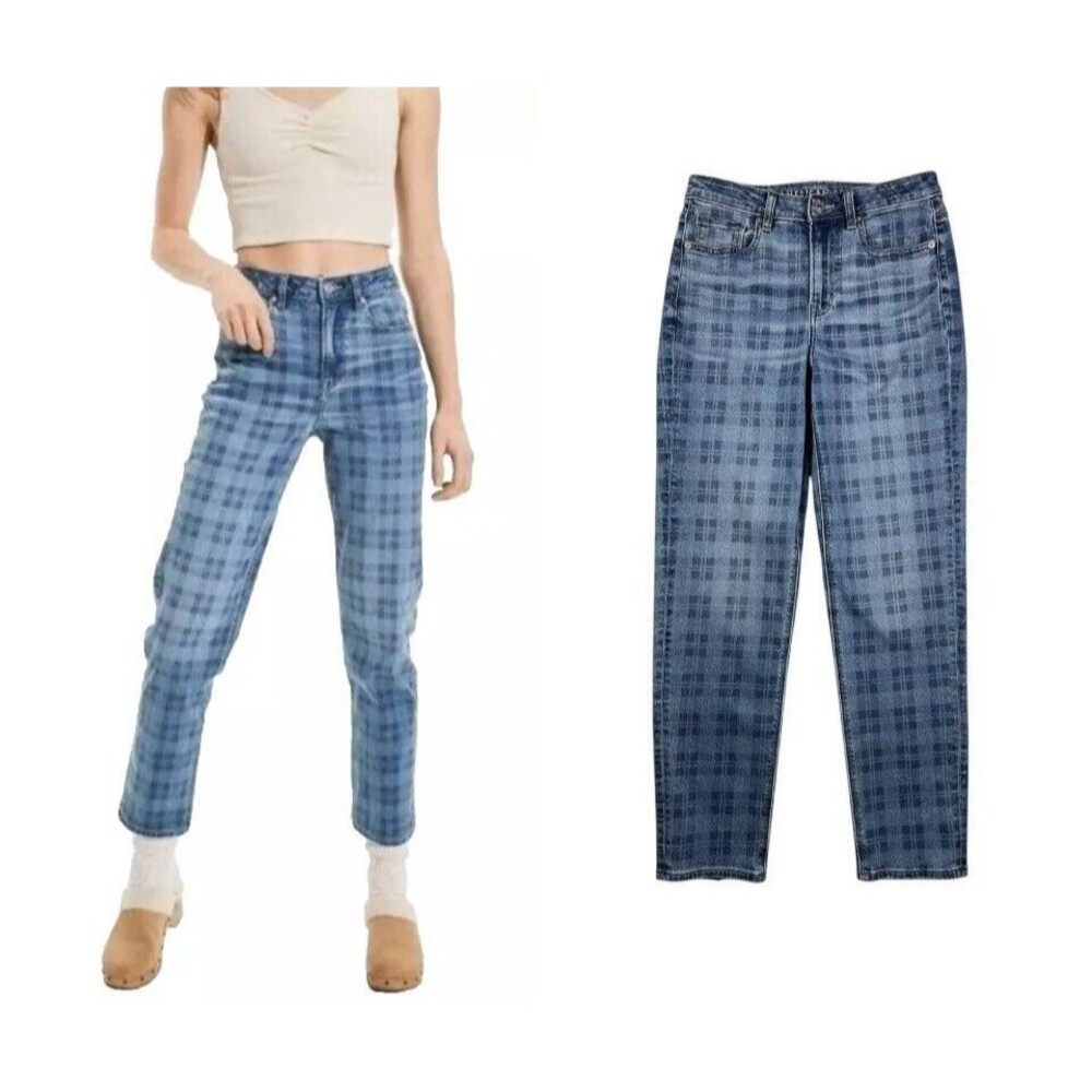 AMERICAN EAGLE AEO Mom Hi-Rise Goth Punk Straight Leg Jeans Size 4L Blue Plaid